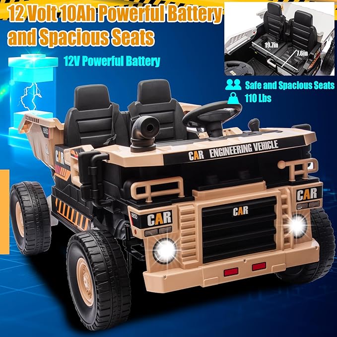 12V 10AH 2-Seater Kids Ride on Truck Electric Toy Car with Electric Dump Bed, Parents Remote Control Kids Car Tractor Toys Ride-on Dump Truck for Boys and Girls Ages 3+, Khaki