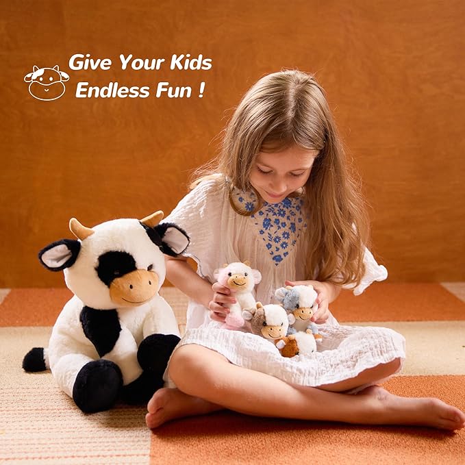 5 Pieces Cow Stuffed Animals for Boys Girls, 1 Mommy Cow with 4 Babies Soft Plush Toy Set Gifts for Kids Children 3 4 5 6 7 8 9 Years, Christmas, Birthday, Party Decorations