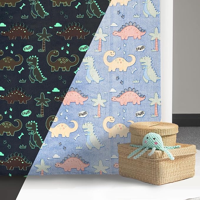 Wajade Dino Gifts Toys for Boys Girls - Glow in The Dark Dinosaur Blanket Birthday Christmas Decor for Kids Age 3 4 5 6 7 8 9 10 11 12 Years Old Teens Child Toddler Throw Colorful 50"x60"