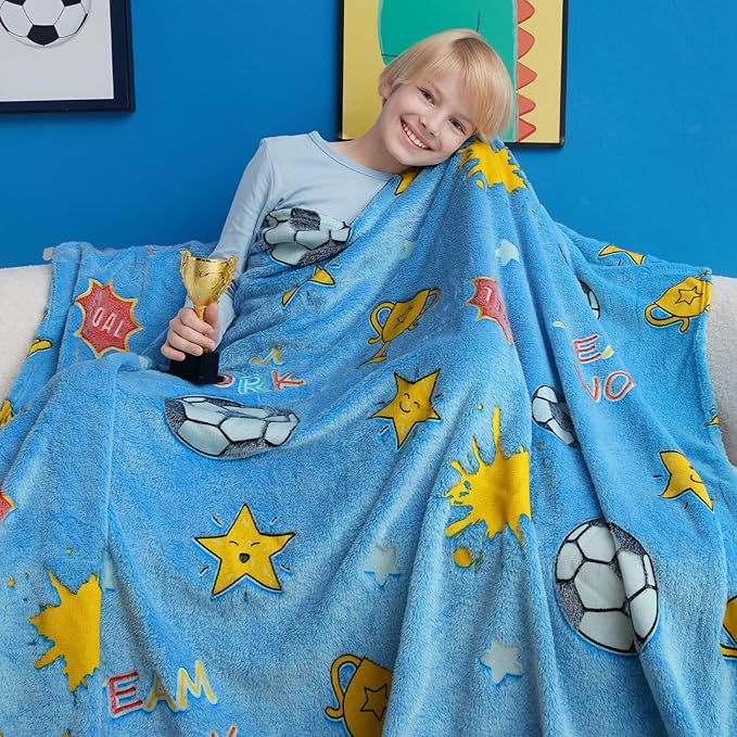 Glow in The Dark Soccer Blanket,Football Gifts Toys for Boys Kids, Birthday Presents Decor for Kids Age 3-14 Year Old Son Teen Child Toddler Luminous Christmas Bedroom Throw Blanket 50"x60"