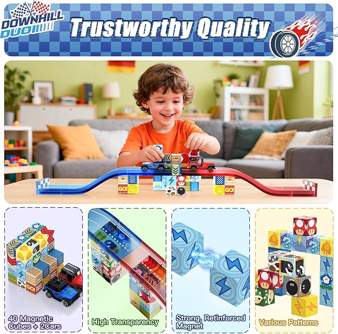 52 PCS Magnetic Tiles Race Car Track Set with 2 Racing Trucks, STEM Educational Travel Magnetic Building Blocks for Kids Ages 3-8, Montessori Sensory Toys Gifts for Toddler, Boys & Girls