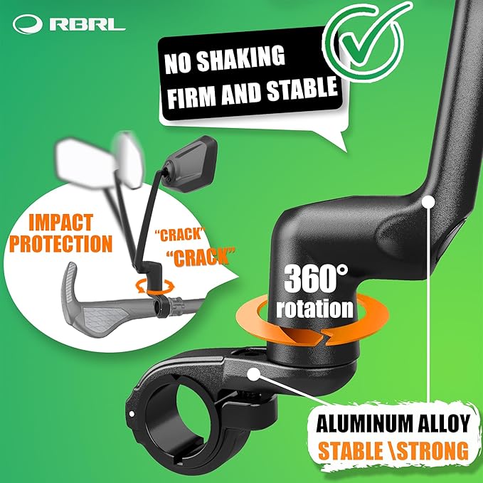 RBRL Bike Mirror, Aluminum Alloy Bike Mirror Handlebar Mount, Anti-shake & Break-proof, Foldable HD Real Glass Rotatable Ebike Accessories, Bike Rear View Mirror for Ebike Scooter (Set)