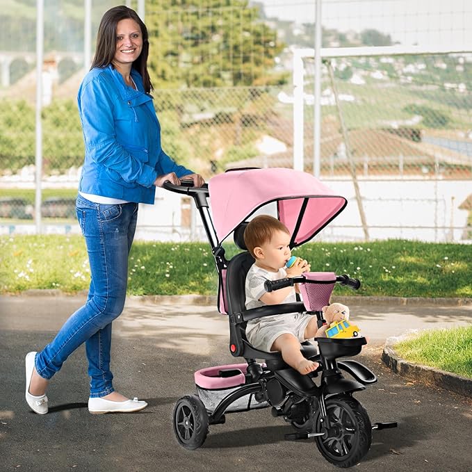 Folding Kids' Tricycle, 8 IN1 Baby Trike W/Removable Canopy &Parental Push Rod, Toddler Bike Stroller for Kids 1-5 Years, 360° Swivel Seat, EVA Wheels，Storage Basket, Pink