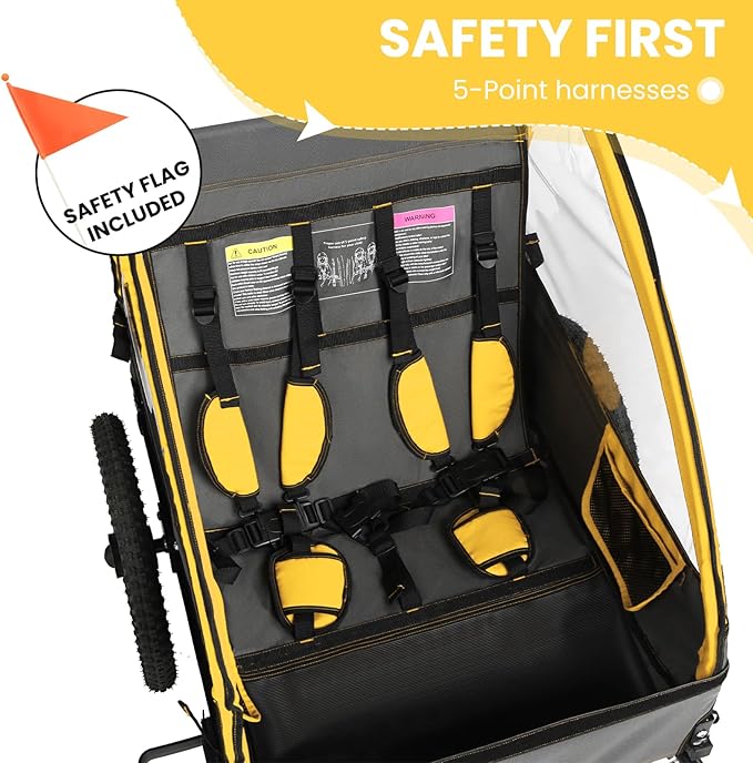 Sepnine Kids Bike Trailer, Suitable for 1 to 2 Kids, 12+ Months, Quick Attach to Bike, Foldable, with 5-Point Harness and Storage Bags