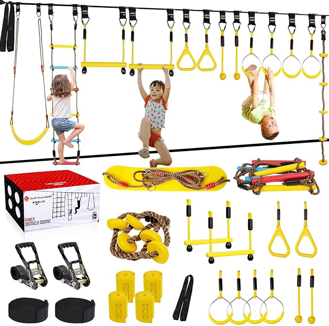 2X65FT Ninja Warrior Obstacle Course for Kids - Ninja Slackline with 14 Obstacles - Ninja Course for Kids with Swing, Ladder,Monkey Bar,Arm Trainer, Climbing Rope