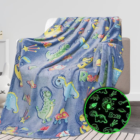 REXEO Glow in The Dark Blanket Dinosaur Gifts Toys for Boys Birthday Gifts for Kids 1 2 3 4 5 6 7 8 9 10 Year Old Kids Blanket Glowing Dinosaur Room Decor Blankets for Toddler