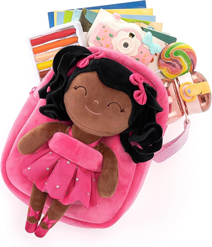 Gloveleya Toddler Backpack for Kids Soft Toys Plush Curly Ballet Girl Doll Rose