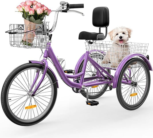 YITAHOME 24 & 26 Inch Adult Tricycle, 1 & 7 Speed 3 Wheel Bikes, Large Seat with Backrest Trike for Adults with Front & Rear Baskets, Cruiser Bike for Seniors Women Men Commute Picnic Outdoor