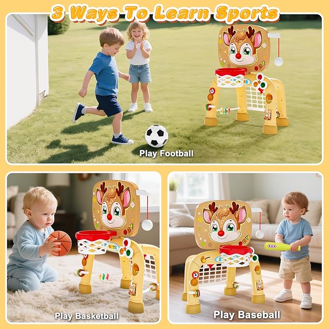 Toddler Basketball Hoop & Soccer Goal Baseball Play Activity Center,Toys for 1 2 3 Year Old Boys Girls,Montessori Sports Toys with Sound Music Christmas Birthday Gifts for Baby Kids 12 Months+