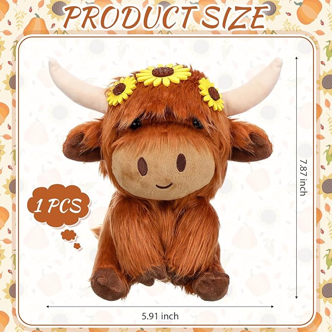 1 Pcs Fall Thanksgiving Highland Cows Stuffed Fall Brown Cute Sunflower Animal Stuff Fluffy Cattle Dolls Farm Plush Toy for Men and Women Autumn Party Gift Decoration