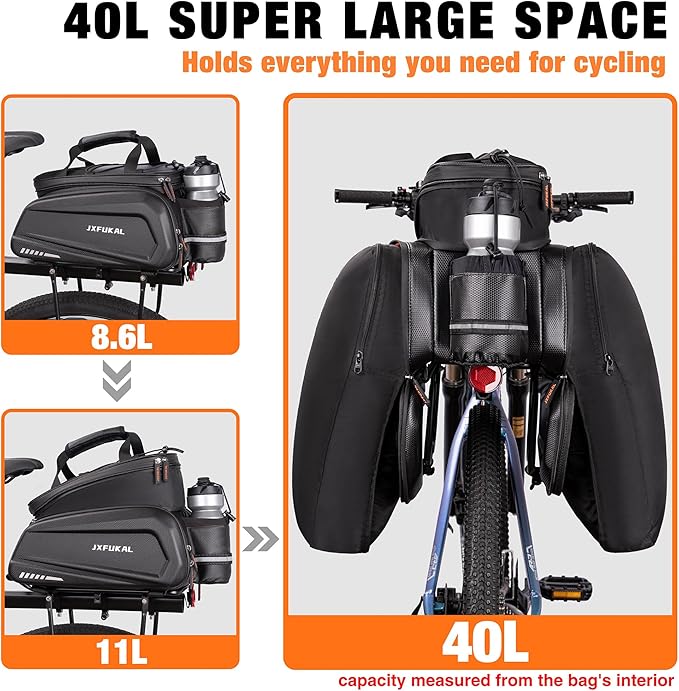 JXFUKAL Bike Bags for Bicycle Rear rack - 9.5L/17L/40L Hard Shell Waterproof Bike Ebike Trunk Pannier Saddle Seat Bag Carrier with Reflector, Rain Cover & Shoulder Strap for Commuter Travel Outdoor