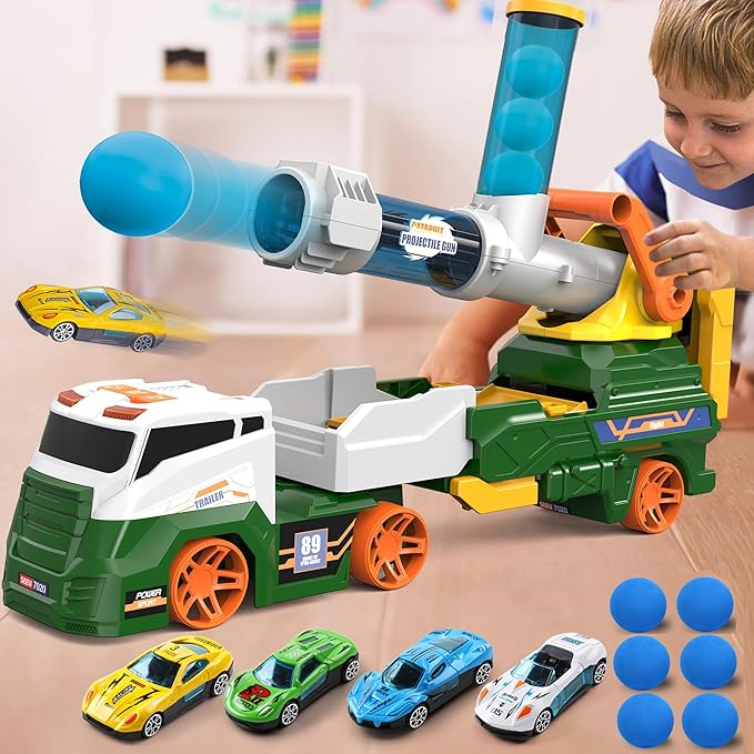Dwi Dowellin Truck Toys for Kids, 28" Large Car Toys Include 4 Racing Cars+6 Ball, with Light & Sounds, Eejection&Shooting Transport Cars Toy, Gifts for Boys Girls-Green