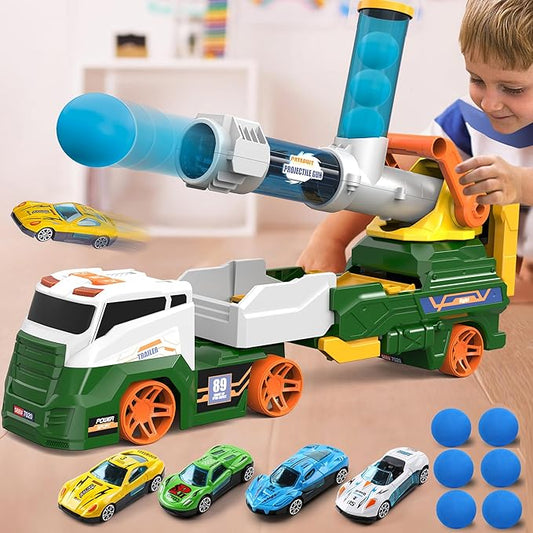 Dwi Dowellin Truck Toys for Kids, 28" Large Car Toys Include 4 Racing Cars+6 Ball, with Light & Sounds, Eejection&Shooting Transport Cars Toy, Gifts for Boys Girls-Green