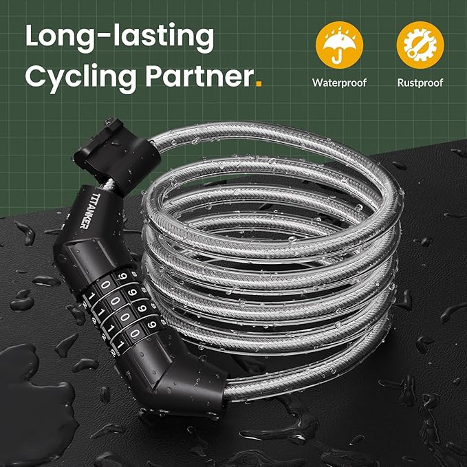 Titanker Bike Lock Cable, 4 Feet Bike Cable Lock Basic Self Coiling Kids Bike Lock Combination with Complimentary Mounting Bracket, 5/16 Inch Diameter (4FT, White-8mm)