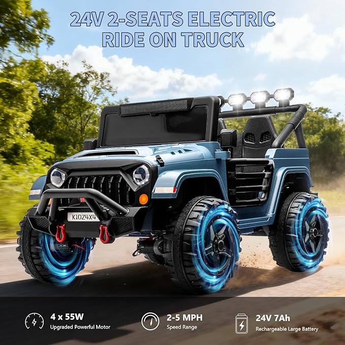 Kids 24V 2-Seater Electric Ride On Car, 4x4 Ride On Truck w/Remote Control, 4-Wheeler Suspension, 3 Speeds, Led Lights, Bluetooth, Ride on Car Toy for Kids Ages 3-8, Blue
