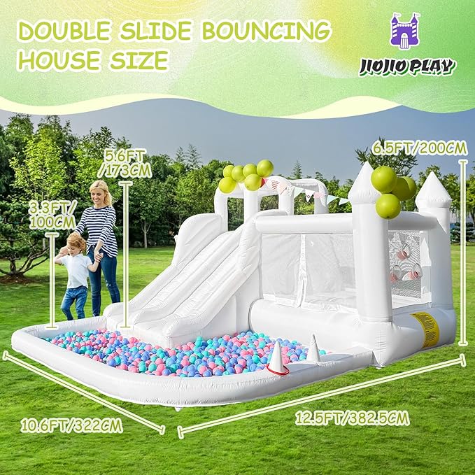 12.5 FT Oxford White Bounce House Bouncing Castle with Two Slides Inflatable Bounce House for Kids with Large Ball Pits Suitable Birthday Party Holiday Decorations and Photography