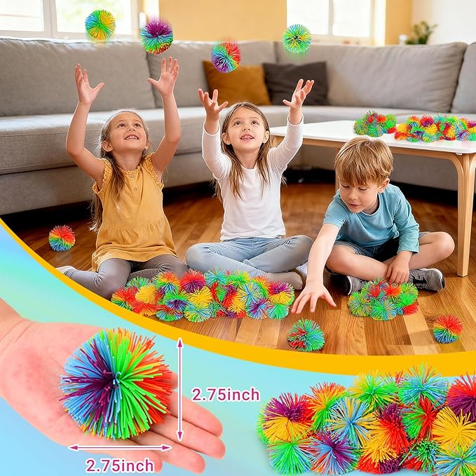 14PCS Stringy Balls, Sensory Stringy Ball, 2.75 inch Soft Rainbow Pom Bouncy, Stocking Stuffers for Kids, Monkey Pom Balls Fidget Toys Stress Ball, Birthday Gifts for Boys, Girls Ages 3+