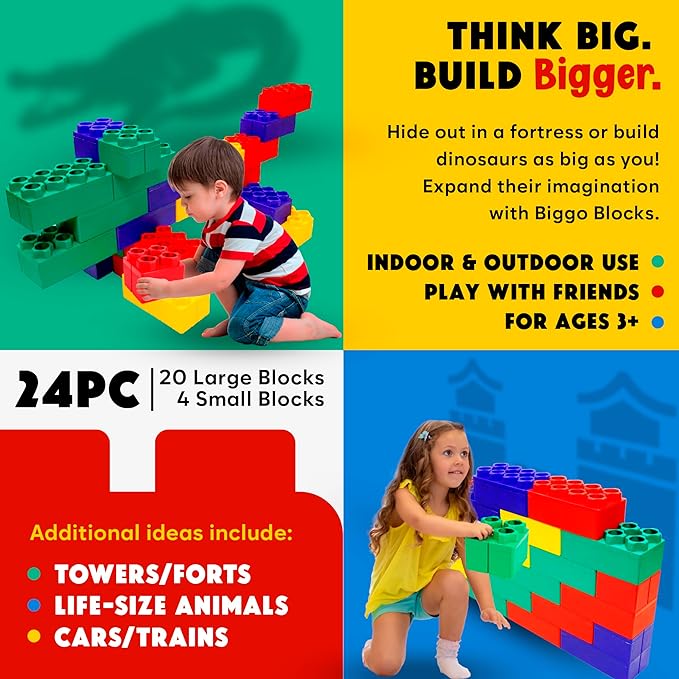 BiggoBlocks Big Blocks for Kids Ages 4-8, Indoor & Outdoor Blocks for Kids Jumbo Games, Large Building Blocks (24 PC) Beginner Set