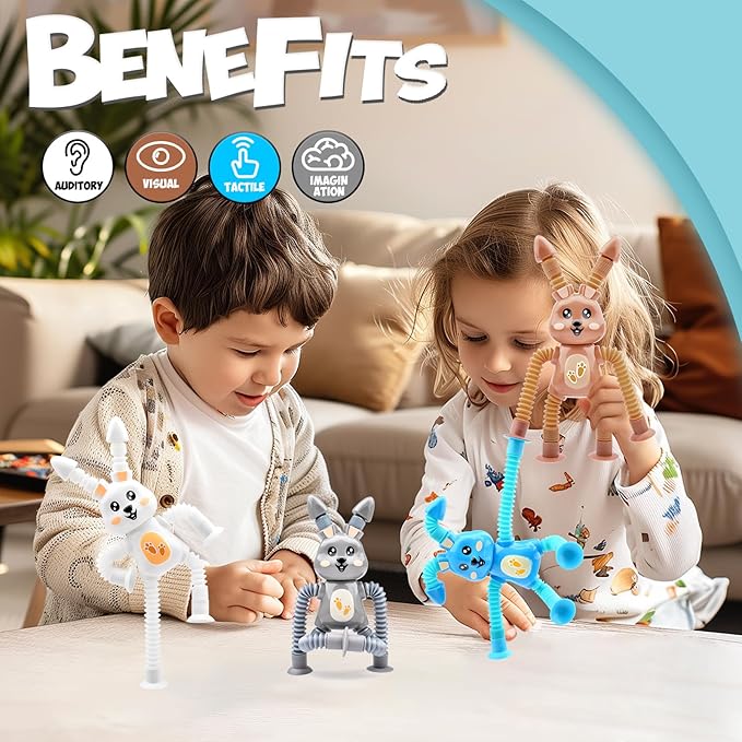 4Pcs Telescopic Suction Cup Rabbit Toys,Sensory Toys for Kids 3-5 5-7,Toddler Toy,Fidget Toy,Toddler Travel Essential for Airplane,Pop Tubes, Christmas Stocking for Kids Boys Girls I