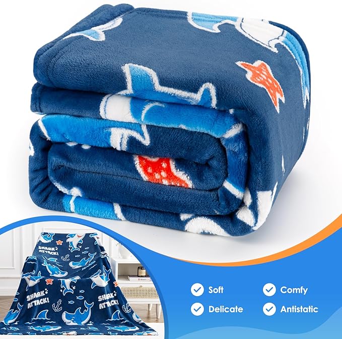 Jekeno Shark Glow in The Dark Blanket Gifts for Girls Boys Christmas Birthday Kids Teens Age 1 2 3 4 5 6 7 8 9 10 12 13 14 15 16 Years Old Child Ocean Anchor Throw Blue 50"x60"