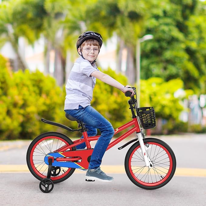 COSTWAY Kids Bike, 12 14 16 18 Inch Toddler Bike for Boys & Girls Aged 3-8 Years Old, Kids Bicycle w/Removable Training Wheels, Handbrake & Coaster Brake, Basket, Bell