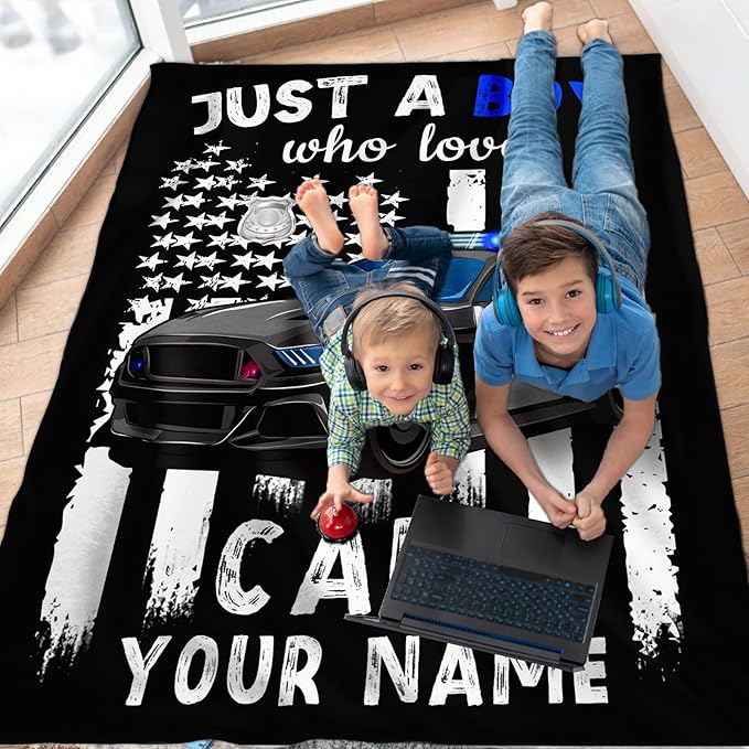 Custom Car Blanket for Boys, Cute Throw Blanket Gifts for Kids Cars Lovers, Personalized Name 60x80 Inches Black Soft Fuzzy Blankets for Sofa Couch Bed Travel
