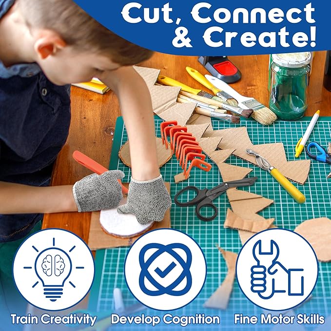 FEMBW Cardboard Construction Kit – 150 PCS DIY STEM Craft Set with Kid-Safe Cardboard Cutter,Safe Serrated Cutter & Tools for Creative Projects, School, Home, Team Activities, Ages 5+