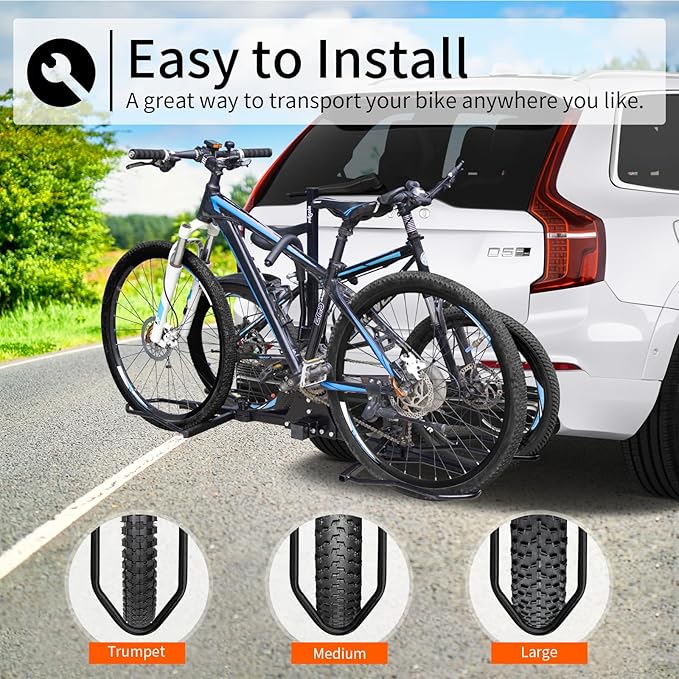 2" Hitch Mount Bike Rack, 2 Bike Folding Tiltable Platform Style Carrier 150lbs for Standard, Fat Tire, and Electric Bicycles with Hitch stabilizer,Trailer Hitch Lock, 2 Ratchet Straps