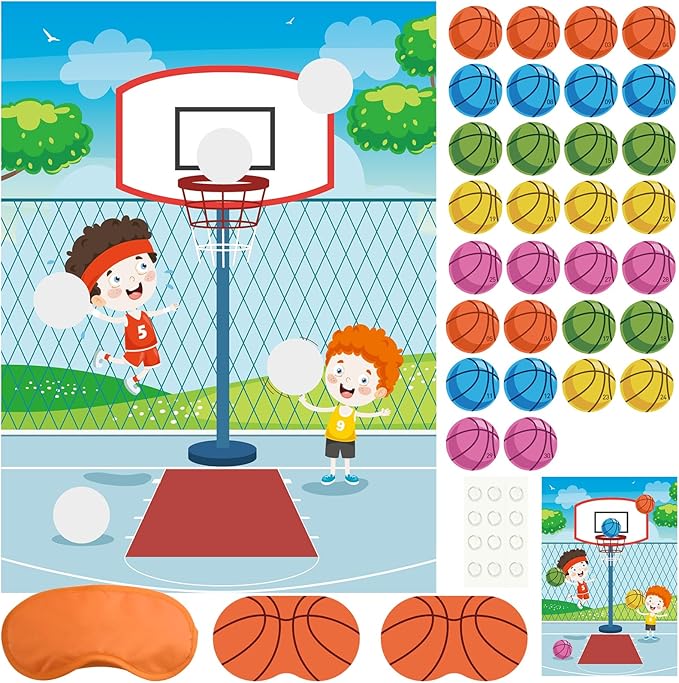 PLULON Basketball Party Game Pin The Basketball On The Hoop Birthday Party Game for Kids Large Basketball Poster with Basketball Stickers for Boy Girl Classroom Activities Birthday Party Decorations