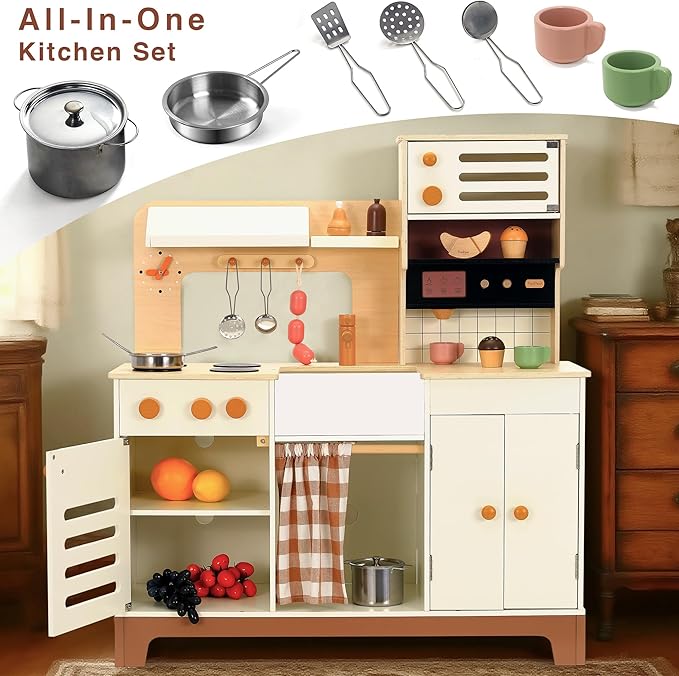 PairPear Wooden Play Kitchen for Kids, XL Large Toy Kitchen Playset with Coffee Maker, Fridge & Large Storage System, Pretend Toy Food Cooking Set Play Kitchen Accessory for Kids Ages 3+