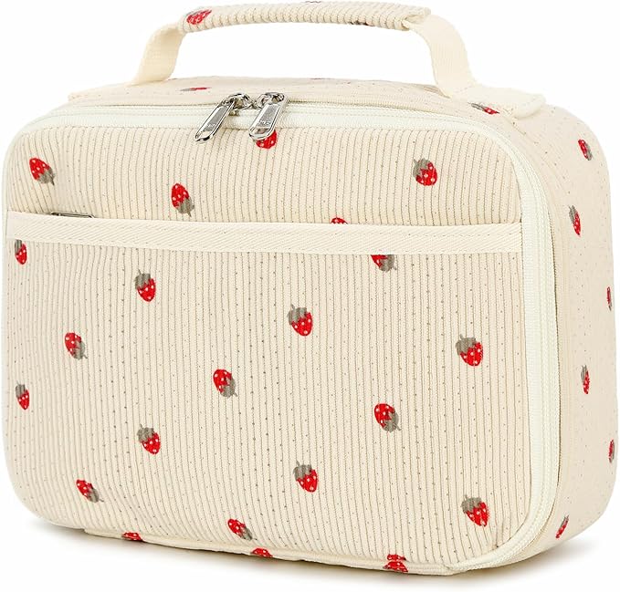 Bluboon Insulated Lunch Bag for Girls & Boys, Corduroy School Lunch Box with Cooler & Organizer Compartments, Leak-Proof Lunch Tote for School, Travel (Corduroy Strawberries Beige)