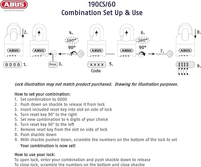 ABUS 190CS/60 High Security Solid Steel Combination Padlock, Closed Shackle