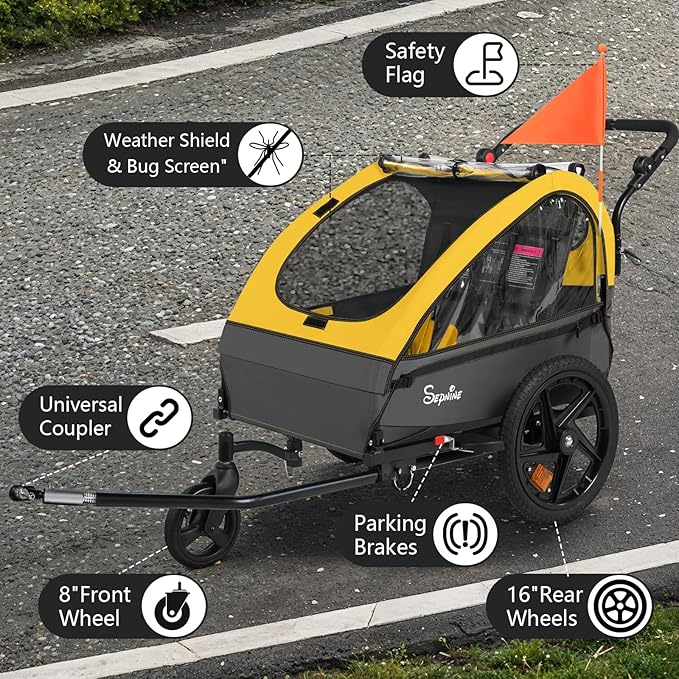 Sepnine Kids Bike Trailer, 2 in1 Canopy Carrier Converts to Stroller Suitable for 1 to 2 Kids, 12+ Months, Quick Attach to Bike, Foldable, with 5-Point Harness and Storage Bags
