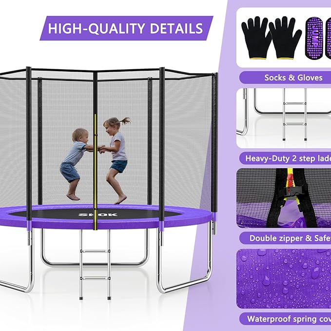 SKOK Trampoline 8FT 10FT 12FT 14FT 15FT Trampolines with Enclosure Net, 400LBS Outdoor Trampolines for Kids with Basketball Hoop-ASTM Approved Trampoline for Children and Adults with Ladder