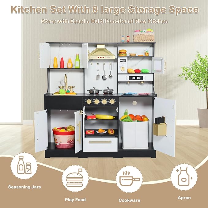 Kids Kitchen Playset, Wooden Play Kitchen with Toy Storage System, Pretend Play Kitchen Set Toy with Range Hood, Ice Maker & Coffee Maker, for Kids Ages 3+, Black