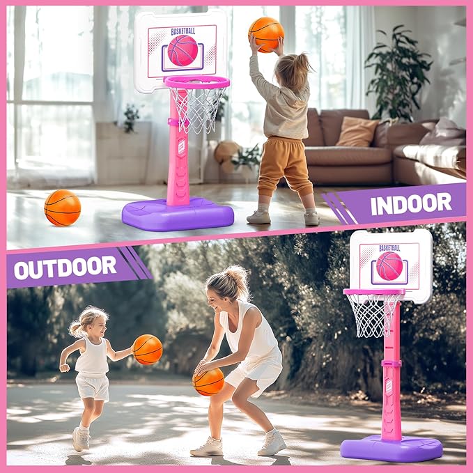 3 in 1 Kids Basketball Hoop and T Ball Set, Adjustable Height Toddler Basketball Hoop, Hanging Tee Baseball, Indoor Outdoor Sports Toys Gifts for Toddlers Boys Girls Ages 3 4 5 Year（Pink