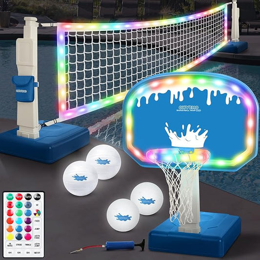 2-in-1 LED Pool Volleyball & Basketball Game Set, Light Up Pool Sport Combo Set with 14in LED Rim/4 Glow Balls/2 Base/Pump, Inground Swimming Pool Toy Game for Adults & Family