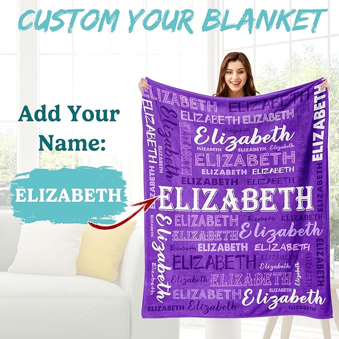 Ship Next Day, Personalized Baby Blanket with Name - Printed in USA, Custom Name Blanket for Boys Girls Kids, Customized Flannel Blankets Gifts for Teen Shower Toddlers Christmas Brithday