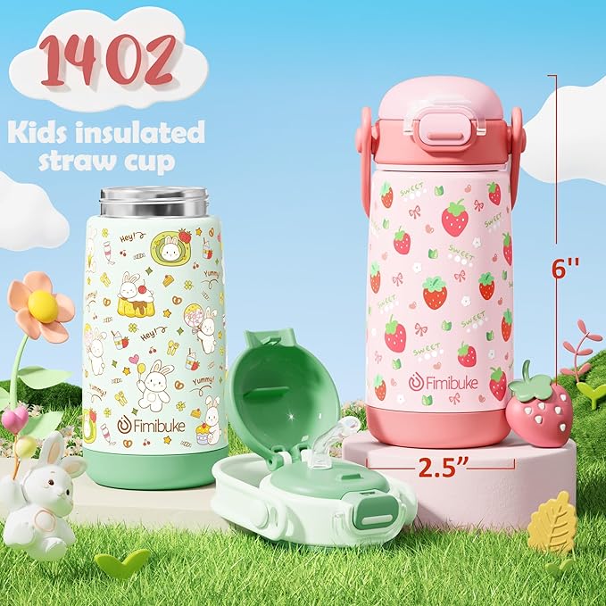 Fimibuke Kids Insulated Water Bottle with Straw Lid & Handle - 14oz BPA FREE 18/8 Stainless Steel Metal Tumbler Leak Proof Double Wall Vacuum Kids Cup Toddler Water Bottle for School Boys Girls