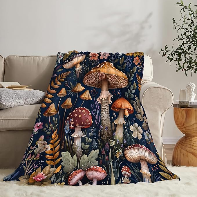 Mushroom Throw Blanket for Girls, Women, Men, Boys - Soft Warm Cozy Fleece Blanket for Couch, Sofa, Bed - Mushroom Gifts and Decor - 80"x60"
