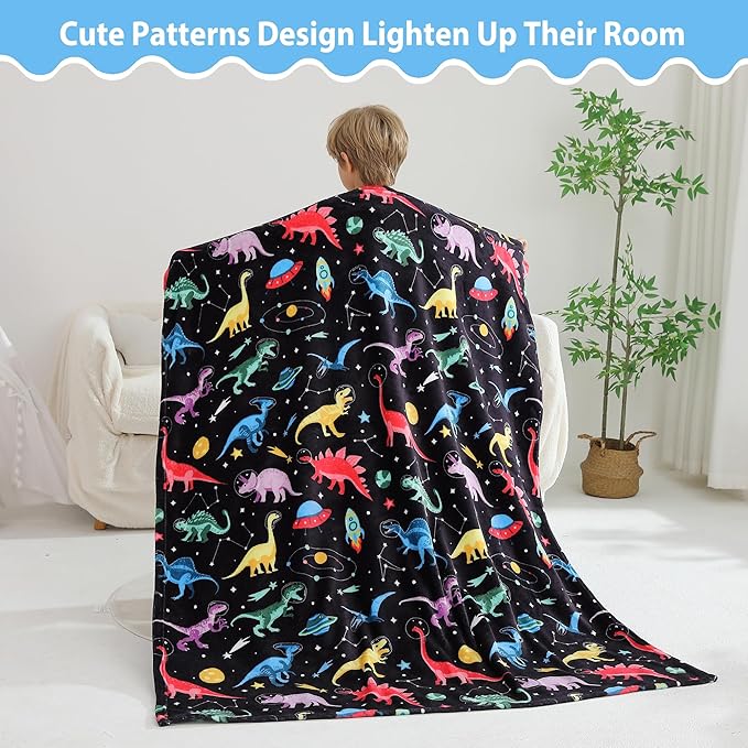 Softan Kids Throw Blanket for Girls & Boys, Warm Soft Toddler Fleece Blankets for Sofa Couch Bed， Cozy Fuzzy Plush Flannel Kids Throw Blanket for Daycare & School - Space Dinosaur 50x60 inches