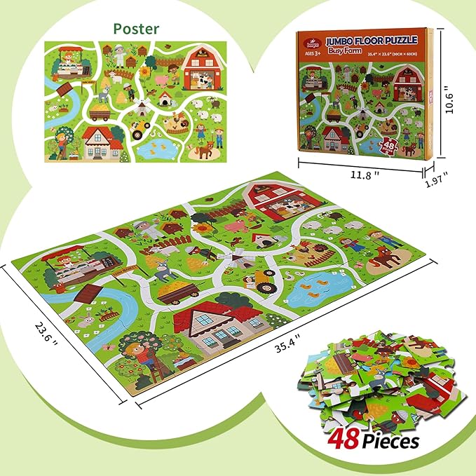 Farm Animals Jumbo Floor Puzzle, 48 Piece Large Jigsaw Puzzles for Toddler 3-5, Farm Adventure Play Mat for Pretend Play, Preschool Educational Toys for Kids Ages 4-8