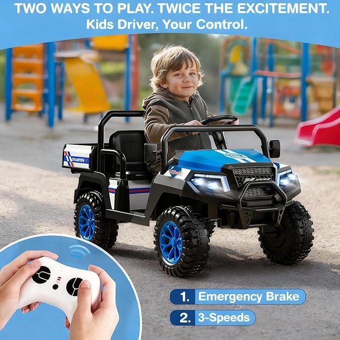 R8 Apex 2-Seater 24V Ride on Truck for Big Kids, 4WD Ride on Car w/Remote Control, Electric UTV Car, Pickup Trunk Bed, Extra Shovel, Battery Indication, 2 Speeds, Music, Wireless, LED Lights