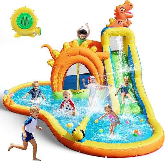 Dinosaur Inflatable Water Slide Park - 7 in 1 Bounce House with Slide, Jump Area, Splash Pool, Climbing Wall & Basketball Hoop | 480W Blower Included | Indoor/Outdoor Backyard Play for Kids 3-10