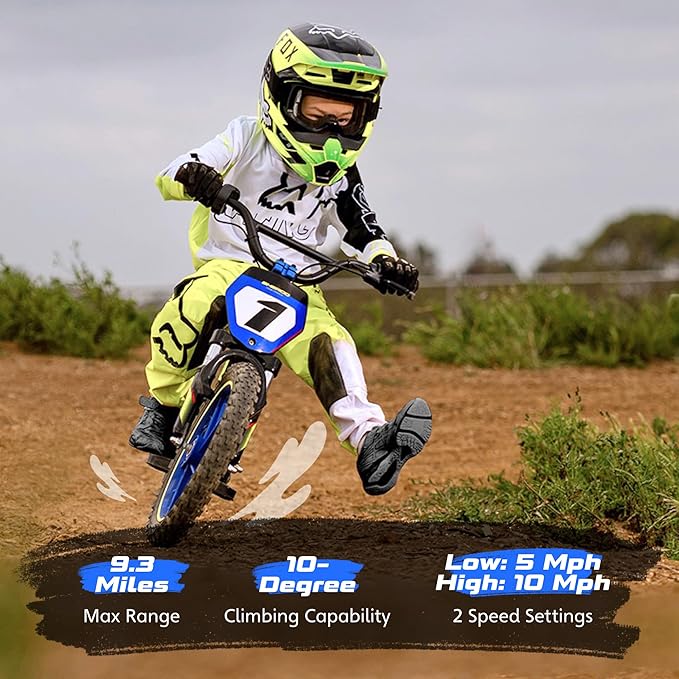 OLALA Electric Dirt Bike for Kids Aged 3-6, 170W Racing Grade Electric Motorcycle, New Aluminum Frame with 2 Power Modes, 24V Detachable Battery, 12IN Knobby Tires