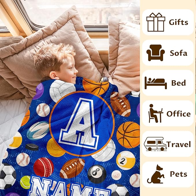Boys Blanket Custom with Name Sports Blanket Gifts Ideas for Kids 6-8, Personalized Cute Soft Cozy Flannel Monogram Ball Throws for Couch Sofa Bedding Room Home Decor (4 Sizes)