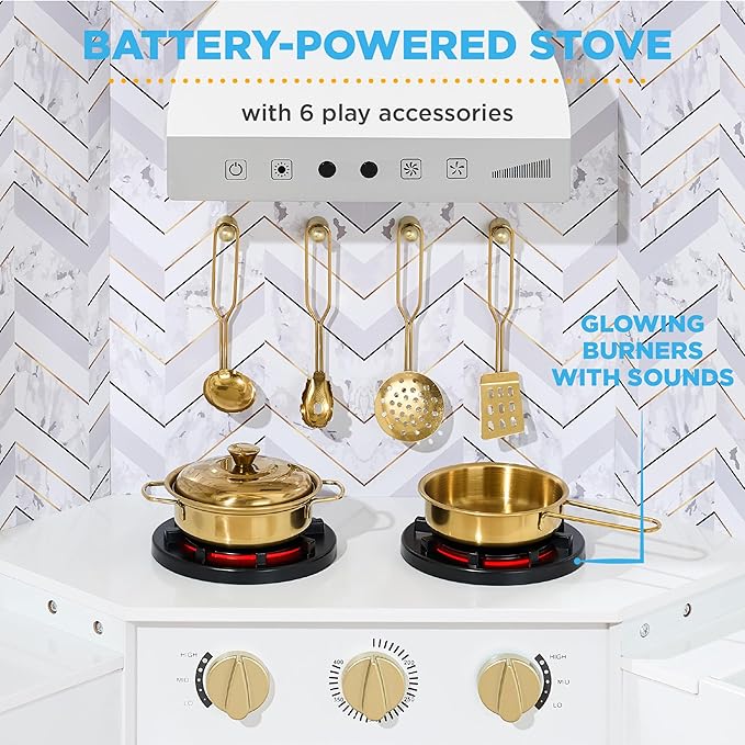 Best Choice Products Pretend Play Corner Kitchen, Ultimate Interactive Wooden Kids Playset w/Lights & Sounds, Ice Maker, Hood - White