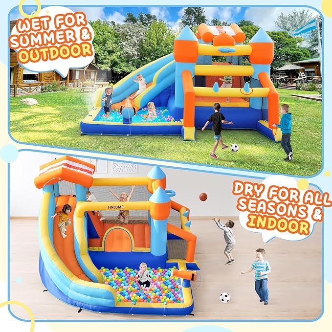 Bounce House, Inflatable Bounce House with Water Slide for Kids Indoor & Outdoor, Bouncy Castle with Football Frame, Water Cannon, Basketball Hoop & Ring Toss, Water Slides for Kids Backyard