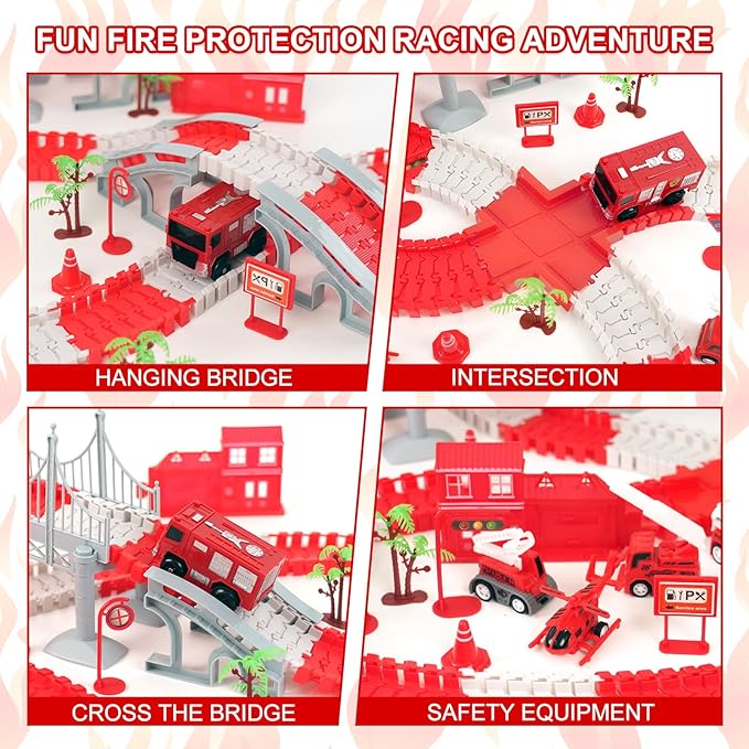 Race Car Track Set for Kids - Flexible Educational DIY Track Toy, Best Birthday Gift for Boys Ages 3 4 5 6 7, 330+ PCS with Fire Trucks and Helicopter
