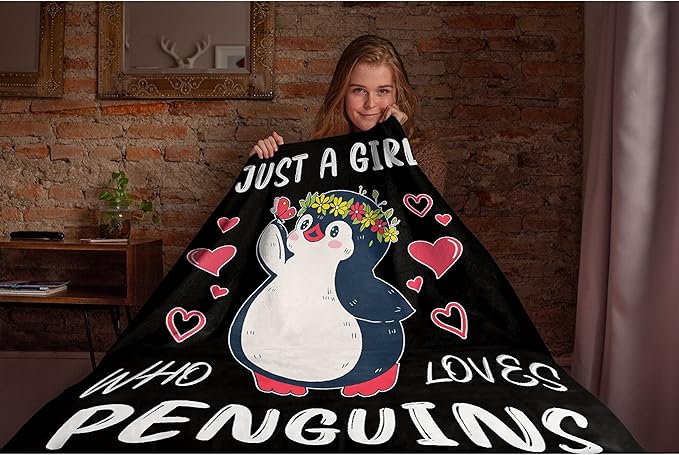 Cartoon Penguin Blanket Just Girl Loves Penguins with Hearts Soft Blankets and Throws Flannel Cozy Lightweight Quilt Gift Perfect for Bed Sofa Couch-50 x40 Small for Kids